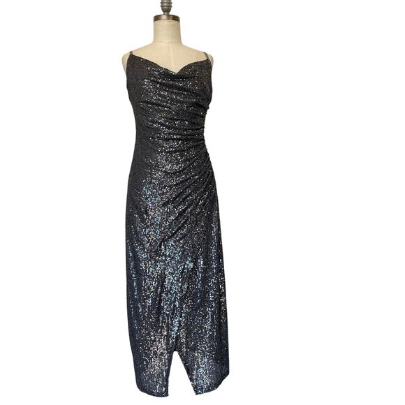 Laundry Shelli Segal  maxi dress size 10 y2k fairy black sequin mesh sparkle VTG - Picture 7 of 9